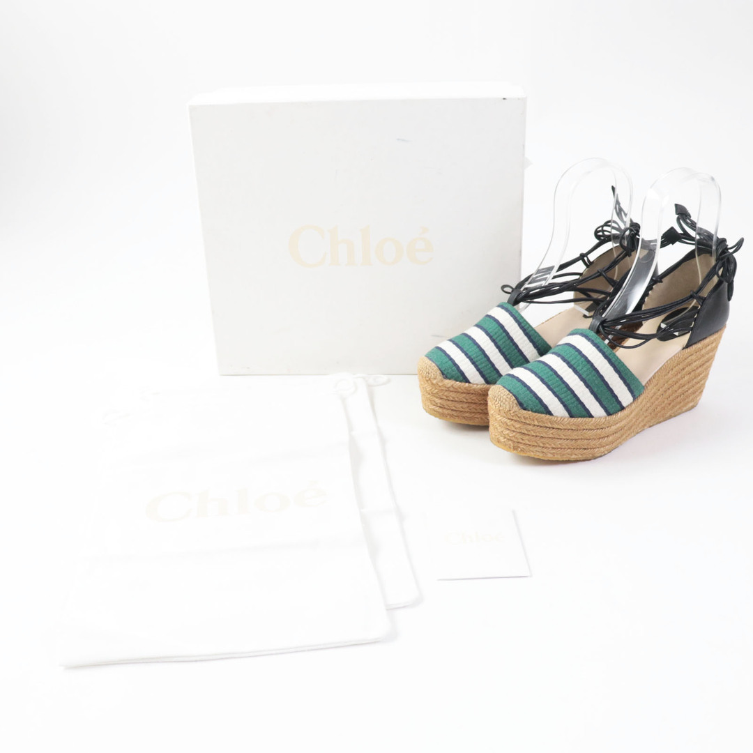 Chloe(クロエ)の極美品◎Chloe クロエ CH20352 ファブリック レザー アンクルストラップ エスパドリーユ ウエッジソール サンダル グリーン ホワイト 38 箱・保存袋付き スペイン製 レディース レディースの靴/シューズ(サンダル)の商品写真