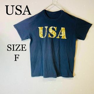 USA Tシャツ　モザイク柄　アメリカ　大きめ　黒　プリントロゴ　M(Tシャツ/カットソー(半袖/袖なし))