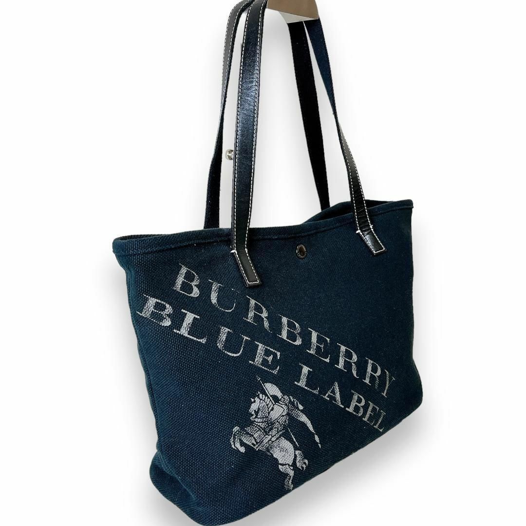 BURBERRY BLUE LABEL(バーバリーブルーレーベル)のバーバリーブルーレーベル ホースロゴ トートバッグ 黒 キャンバス × 牛革 レディースのバッグ(トートバッグ)の商品写真