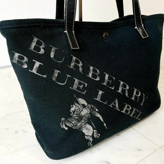 BURBERRY BLUE LABEL - バーバリーブルーレーベル ホースロゴ トートバッグ 黒 キャンバス × 牛革