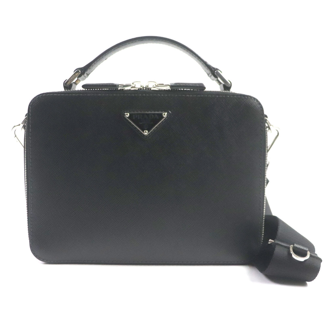 PRADA(プラダ)の美品▼PRADA プラダ 2VH069 ブリック トライアングルロゴ サフィアーノレザー 2WAY ショルダーバッグ ブラック シルバー金具 イタリア製 メンズ メンズのバッグ(ショルダーバッグ)の商品写真