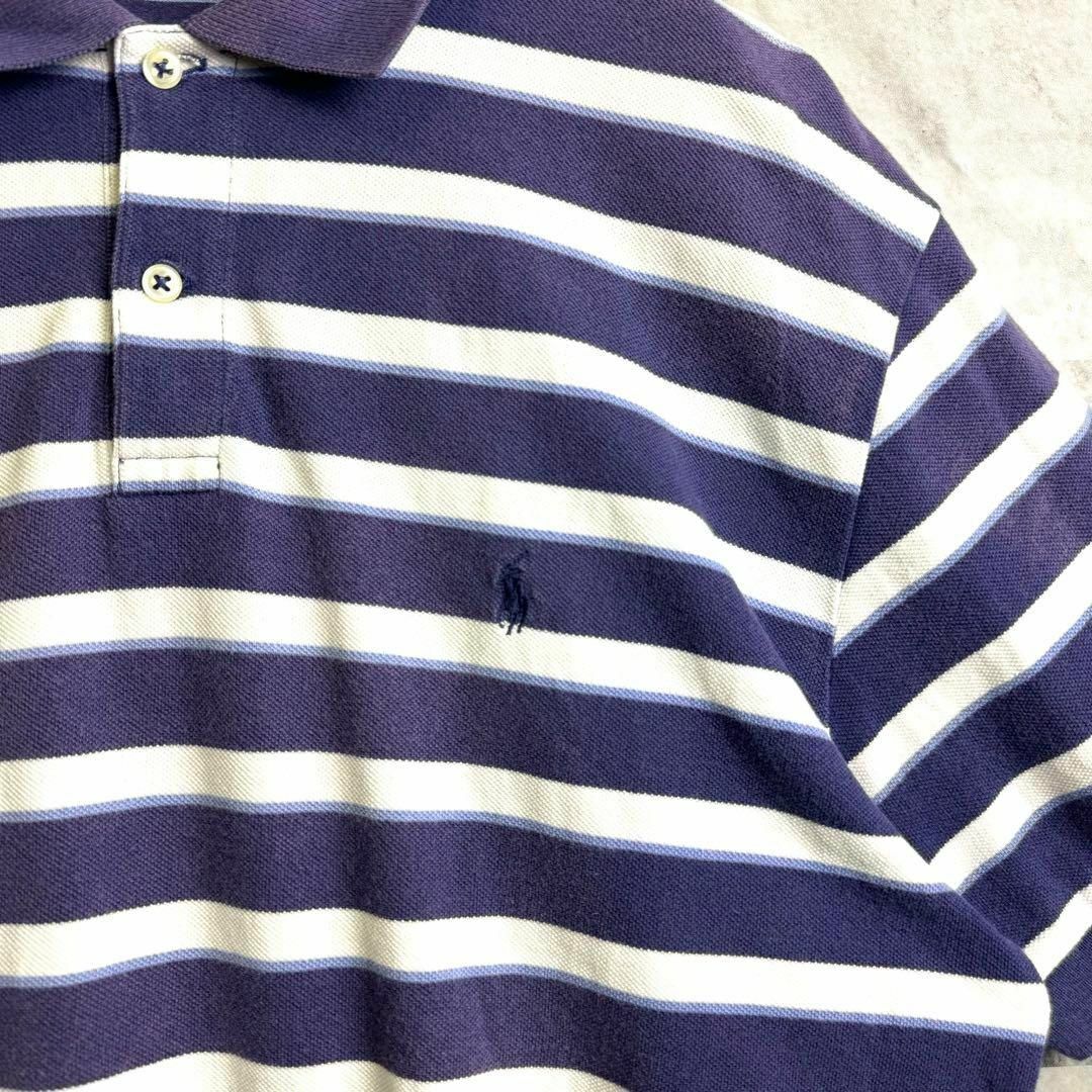POLO RALPH LAUREN(ポロラルフローレン)の90s ポロバイラルフローレン 鹿子半袖ポロシャツ 太ボーダー 刺繍ロゴ 紫 M メンズのトップス(ポロシャツ)の商品写真