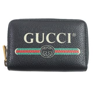 グッチ(Gucci)の極美品▼GUCCI グッチ 496319 レザー ロゴプリント ラウンドジップ カードケース 財布 コインケース ブラック ゴールド金具 箱・保存袋付き イタリア製 メンズ(コインケース/小銭入れ)