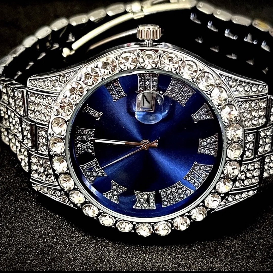 新品 ゴージャスアイスアウトウォッチ メンズ腕時計 シルバー＆ブルー + ブレス メンズの時計(腕時計(アナログ))の商品写真