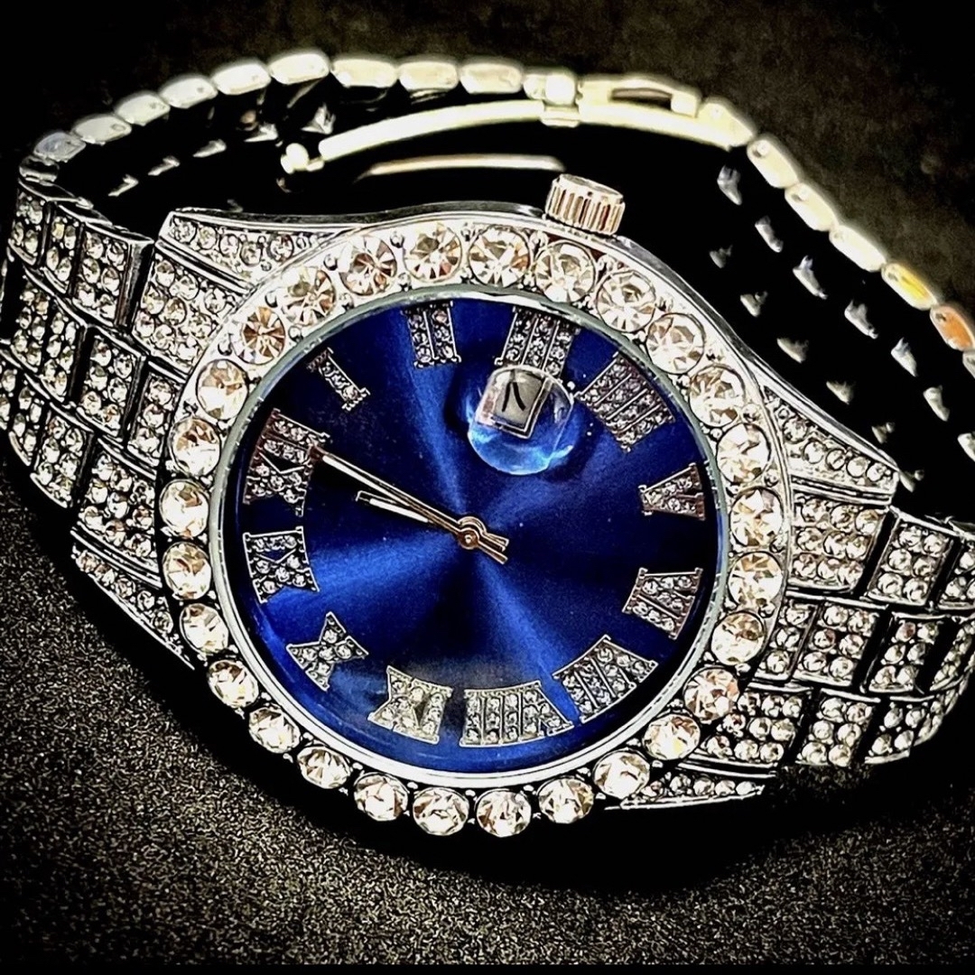 新品 ゴージャスアイスアウトウォッチ メンズ腕時計 シルバー＆ブルー + ブレス メンズの時計(腕時計(アナログ))の商品写真
