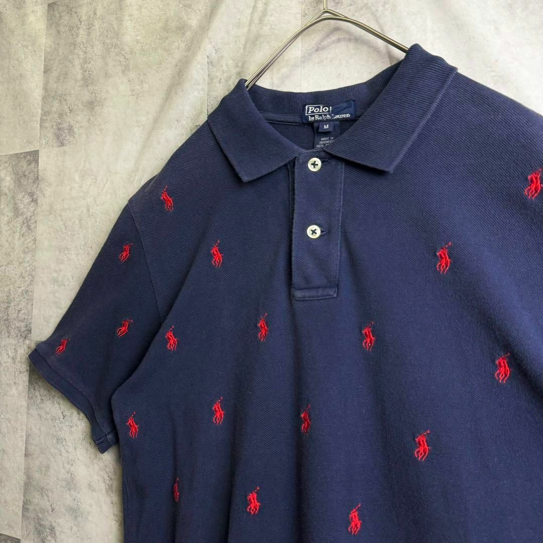 POLO RALPH LAUREN(ポロラルフローレン)の希少 美品 90s ポロバイラルフローレン 鹿子半袖ポロシャツ 刺繍総柄 紺 M メンズのトップス(ポロシャツ)の商品写真