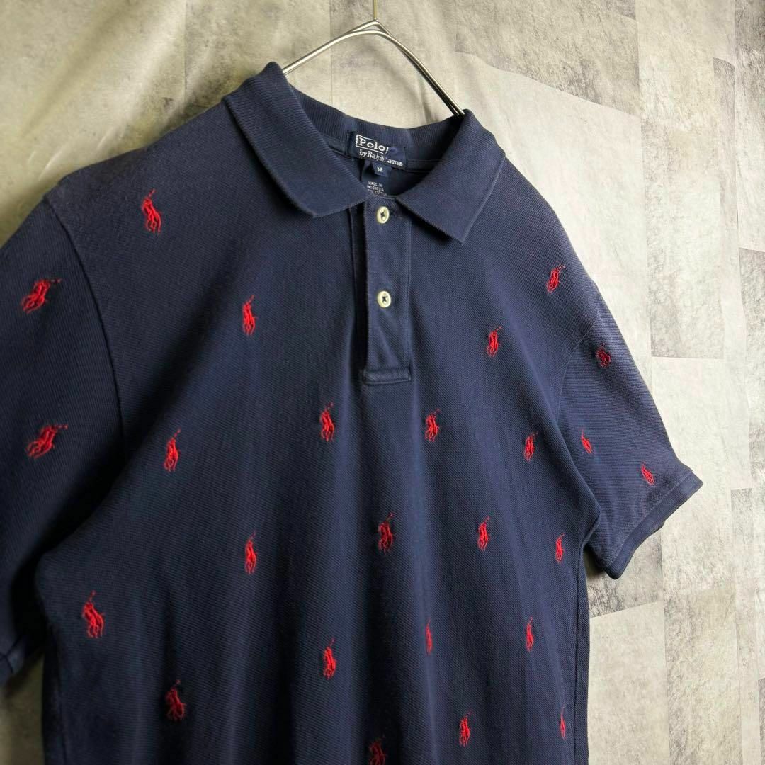 POLO RALPH LAUREN(ポロラルフローレン)の希少 美品 90s ポロバイラルフローレン 鹿子半袖ポロシャツ 刺繍総柄 紺 M メンズのトップス(ポロシャツ)の商品写真