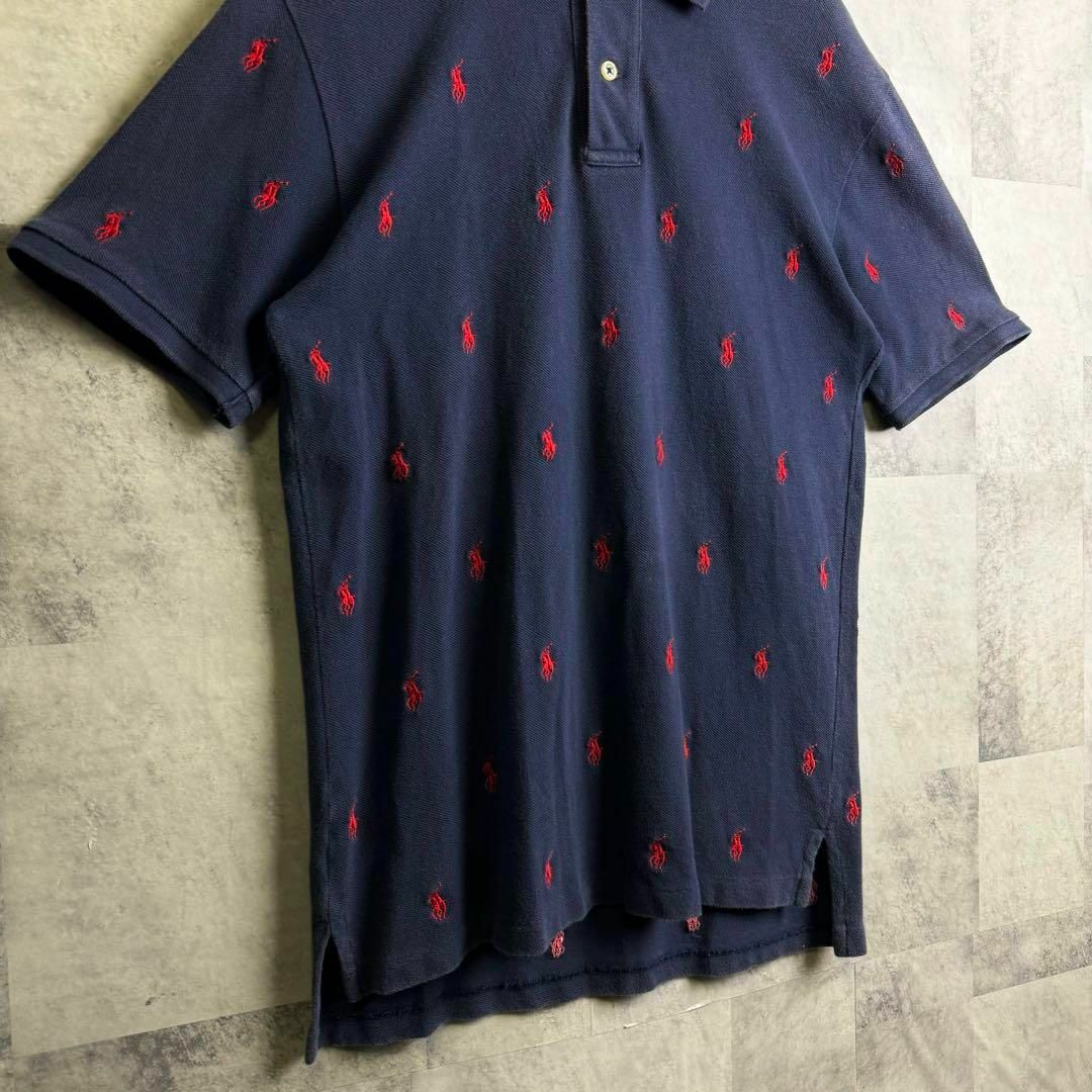 POLO RALPH LAUREN(ポロラルフローレン)の希少 美品 90s ポロバイラルフローレン 鹿子半袖ポロシャツ 刺繍総柄 紺 M メンズのトップス(ポロシャツ)の商品写真