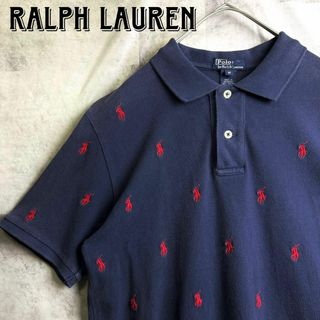 ポロラルフローレン(POLO RALPH LAUREN)の希少 美品 90s ポロバイラルフローレン 鹿子半袖ポロシャツ 刺繍総柄 紺 M(ポロシャツ)