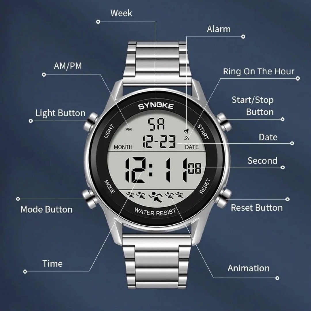 新品 SYNOKEスポーツデジタルストップウォッチ メンズ腕時計 メタルシルバー メンズの時計(腕時計(デジタル))の商品写真