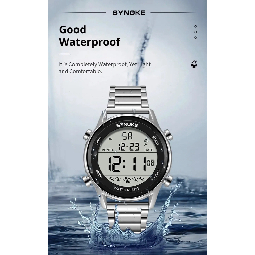 新品 SYNOKEスポーツデジタルストップウォッチ メンズ腕時計 メタルシルバー メンズの時計(腕時計(デジタル))の商品写真