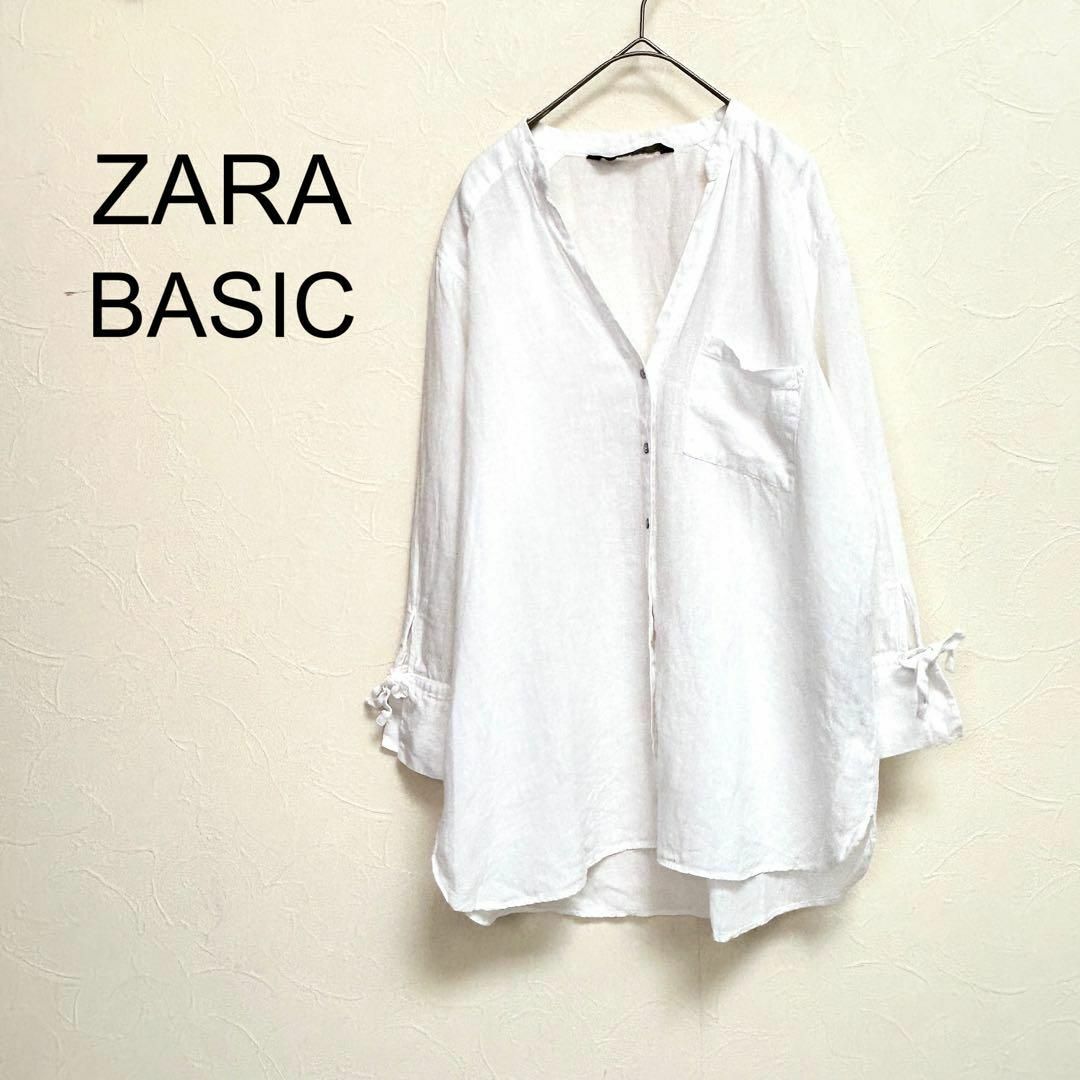 ZARA(ザラ)のZARA BASIC ザラ リネン100% ノーカラー Vネック シャツ リボン レディースのトップス(シャツ/ブラウス(長袖/七分))の商品写真