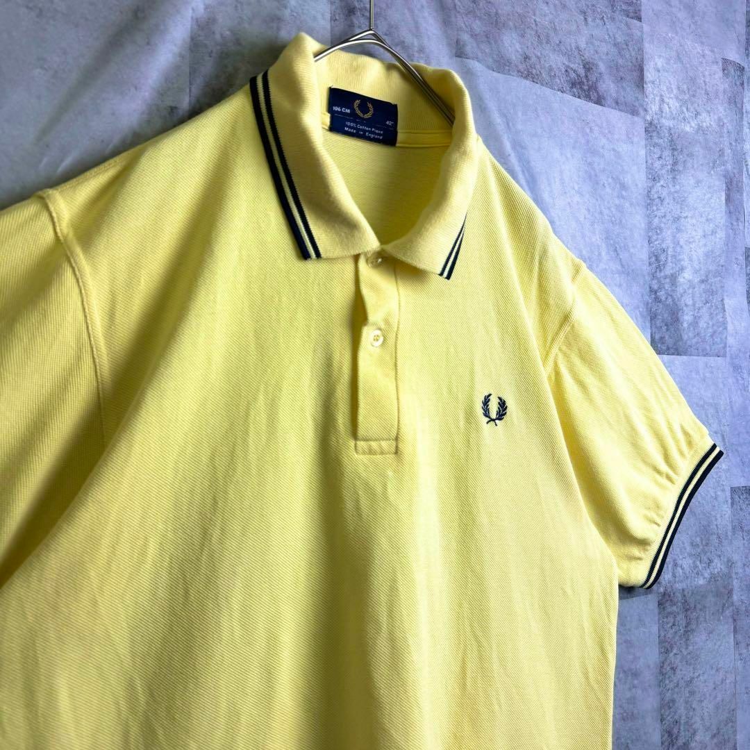 FRED PERRY(フレッドペリー)の美品 英国製 フレッドペリー 鹿子半袖ポロシャツ リンガー 刺繍ロゴ イエローL メンズのトップス(ポロシャツ)の商品写真