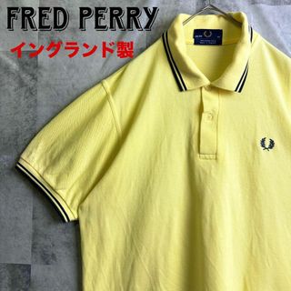 フレッドペリー(FRED PERRY)の美品 英国製 フレッドペリー 鹿子半袖ポロシャツ リンガー 刺繍ロゴ イエローL(ポロシャツ)