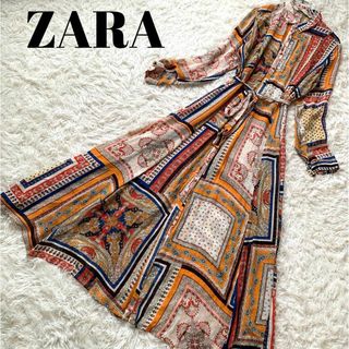 zara 総柄　ザラ　ウエストマークロングワンピース　マキシ丈　M ペイズリー