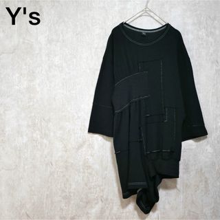 ワイズ(Y's)のY's パッチワークアシンメトリー コットンウールニットトップ(カットソー(長袖/七分))