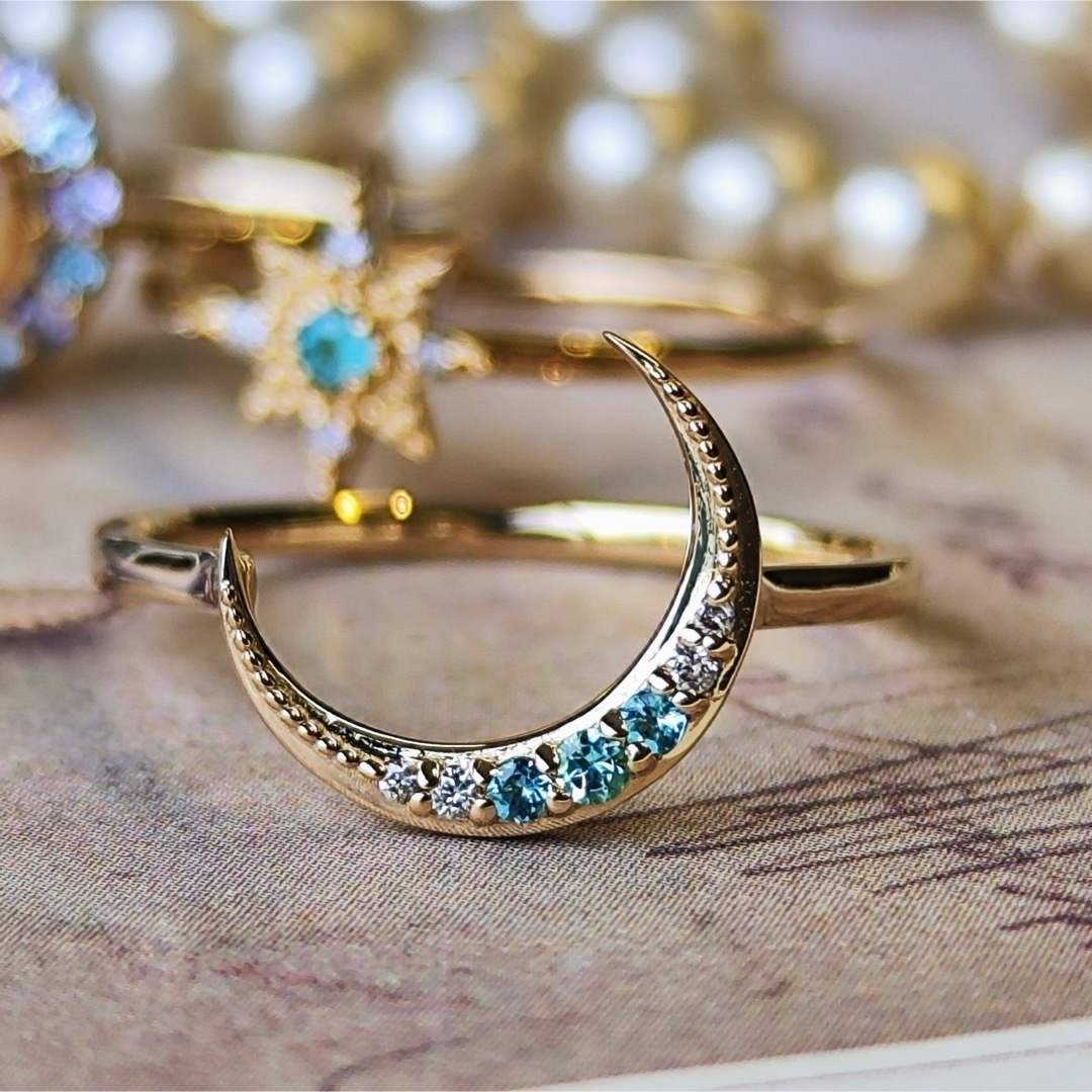 天然パライバトルマリン 天然ダイヤモンド 月のモチーフ レディースのアクセサリー(リング(指輪))の商品写真