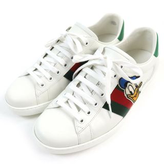 美品△GUCCI グッチ 649399 エース ディズニー ドナルドダックコラボ ウェブライン レザースニーカー ホワイト グリーン 7.5 イタリア製 メンズ