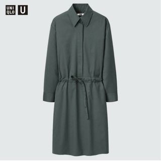 ユニクロ(UNIQLO)のユニクロ ドローストリングシャツワンピース グリーン(ひざ丈ワンピース)