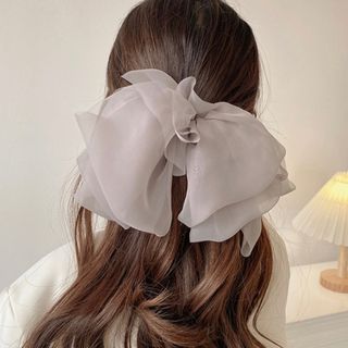 バレッタ　ヘアクリップ グレー 大きめ リボン 冠婚葬祭 ヘアアクセ　韓国(バレッタ/ヘアクリップ)