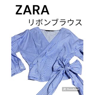 ザラ(ZARA)のZARA  ザラ トップス リボンブラウス ブルーストライプ XS(シャツ/ブラウス(長袖/七分))