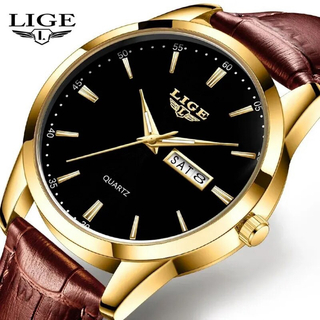 新品 LIGE デイデイト ウォッチ メンズ腕時計 ブラック＆ゴールド 8970(腕時計(アナログ))