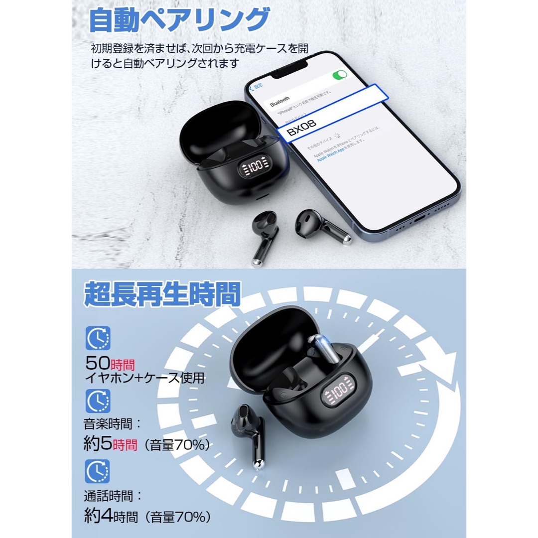 ワイヤレスイヤホン bluetooth ダブルマイク 電量表示  自動ペアリング スマホ/家電/カメラのオーディオ機器(ヘッドフォン/イヤフォン)の商品写真