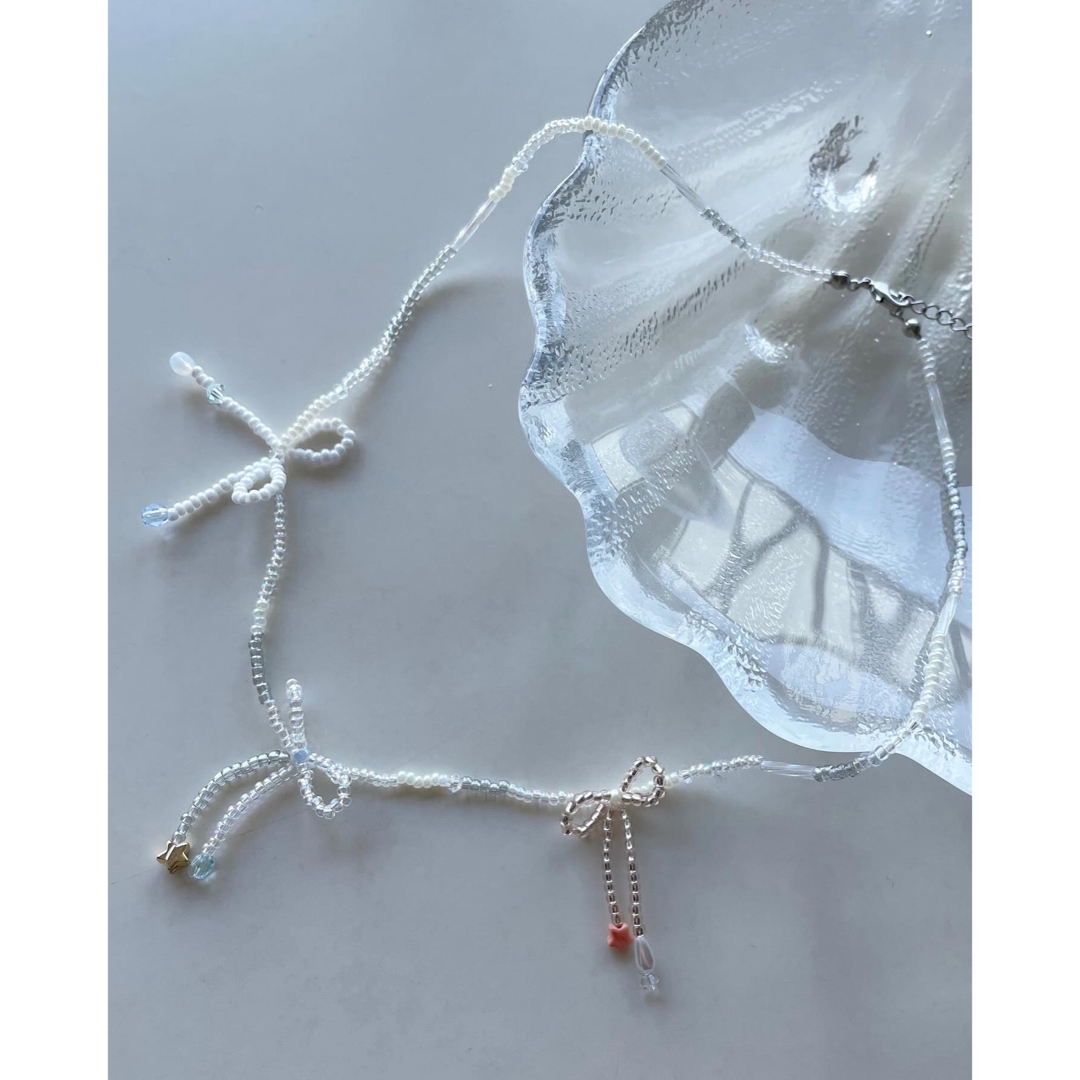 ribbon beads necklace ハンドメイドのアクセサリー(ネックレス)の商品写真