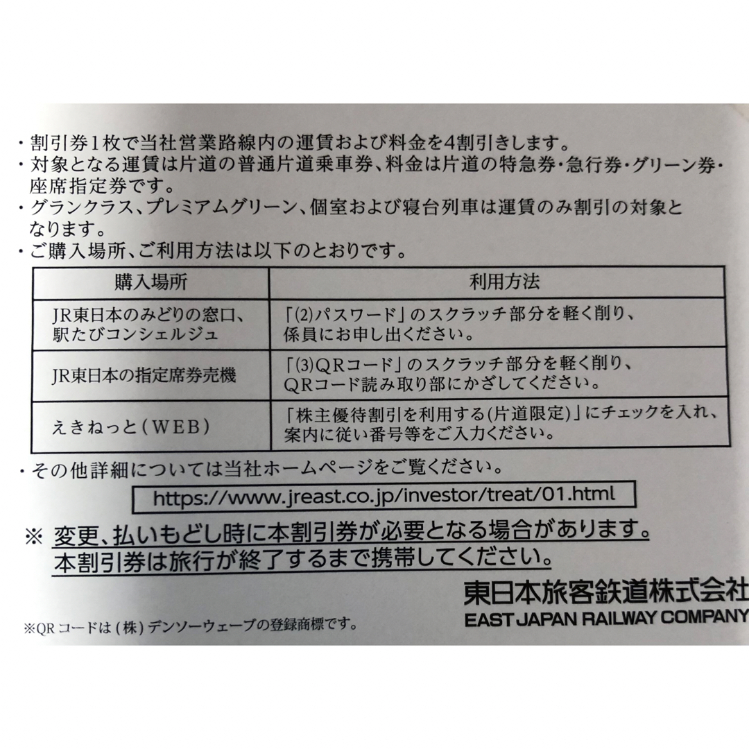 JR(ジェイアール)のJR東日本株主優待割引券(4割引)1枚2024.6.30まで有効 チケットの優待券/割引券(その他)の商品写真