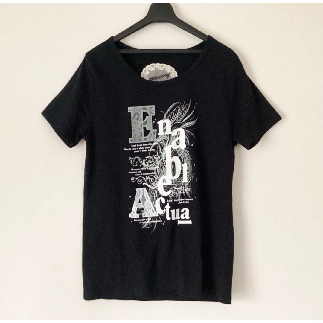 Tシャツ 半袖 クルーネック ブラック　黒　プリント　ラメ入り レディースのトップス(Tシャツ(半袖/袖なし))の商品写真