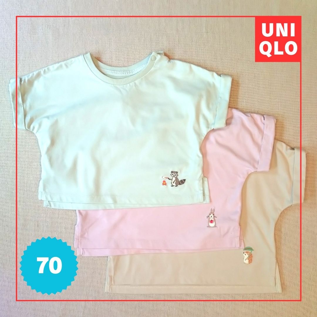 UNIQLO(ユニクロ)の【70】ユニクロ｜Tシャツ3枚セット☆訳あり キッズ/ベビー/マタニティのベビー服(~85cm)(Ｔシャツ)の商品写真