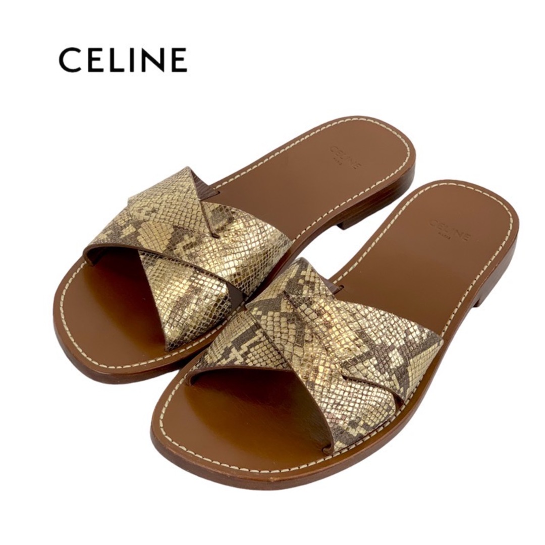 celine(セリーヌ)のセリーヌ CELINE サンダル 靴 シューズ レザー ブラウン ゴールド フラットサンダル パイソン レディースの靴/シューズ(サンダル)の商品写真