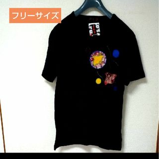 値下[新品]☆和風Tシャツ☆可愛いアップリケ☆フリーサイズ☆ブラック黒 ☆タグ付(Tシャツ(半袖/袖なし))