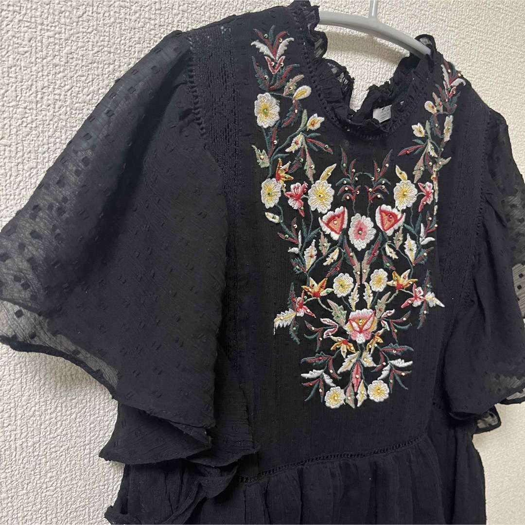 ZARA(ザラ)のZARA  フリルブラウス　刺繍　ビーズ　ドット　フリル　レース　ザラ　春服 レディースのトップス(シャツ/ブラウス(半袖/袖なし))の商品写真