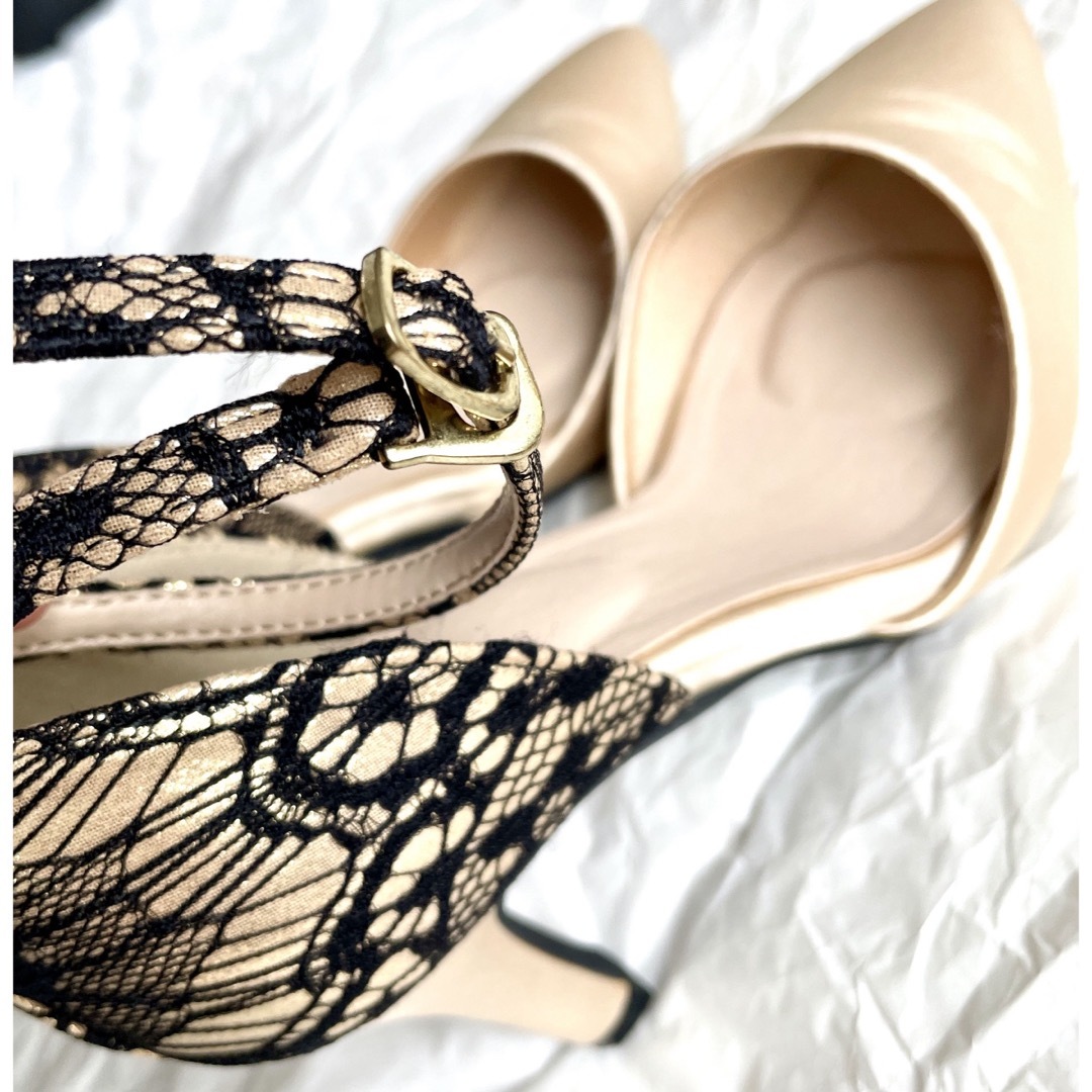 ストラップヒールパンプス サンダル 網模様 シャンパンゴールド レディースの靴/シューズ(ハイヒール/パンプス)の商品写真