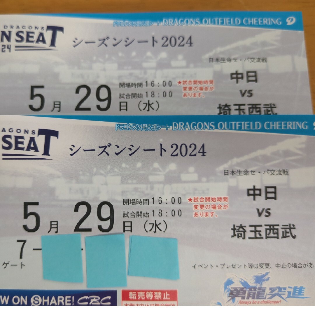 中日ドラゴンズ(チュウニチドラゴンズ)の2024.5.29(水)中日ドラゴンズVS埼玉西武戦 チケットのスポーツ(野球)の商品写真