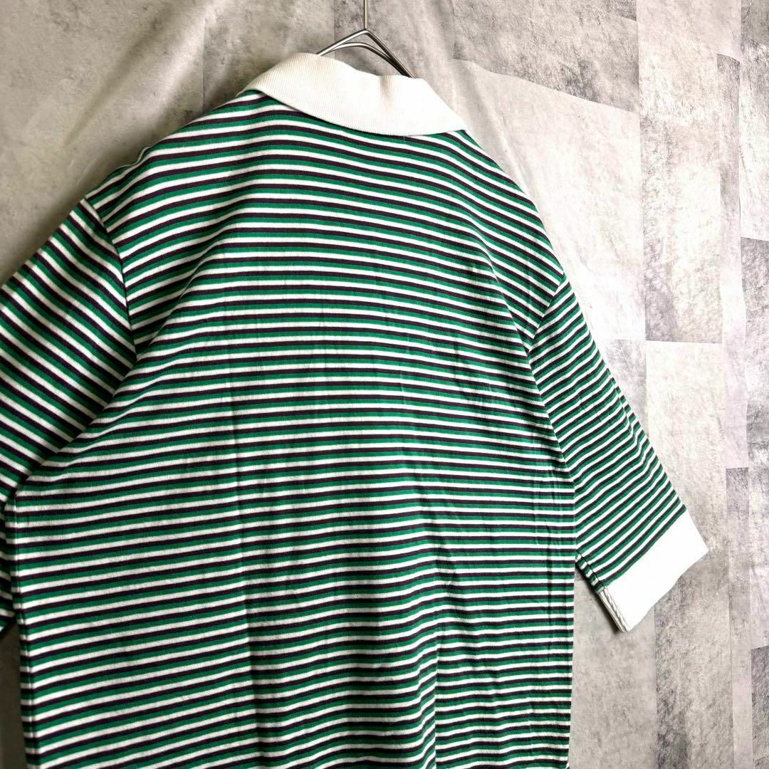 FRED PERRY(フレッドペリー)の希少 フレッドペリー 七分袖 ポロシャツ ボーダー 刺繍ロゴ グリーンM メンズのトップス(ポロシャツ)の商品写真