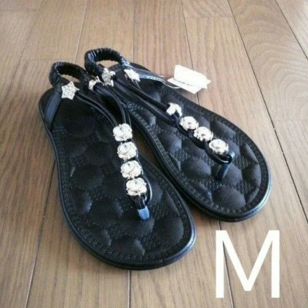 しまむら(シマムラ)の新品タグ付き　しまむら　フラワー＆スターパーツ　ペタンコサンダル　M レディースの靴/シューズ(サンダル)の商品写真