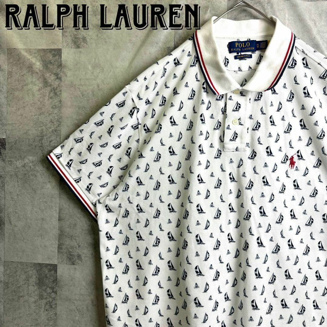 POLO RALPH LAUREN(ポロラルフローレン)の希少 美品 ポロラルフローレン ヨット総柄ポロシャツ 鹿子半袖 刺繍ロゴ 白XL メンズのトップス(ポロシャツ)の商品写真