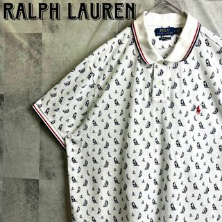 ポロラルフローレン(POLO RALPH LAUREN)の希少 美品 ポロラルフローレン ヨット総柄ポロシャツ 鹿子半袖 刺繍ロゴ 白XL(ポロシャツ)