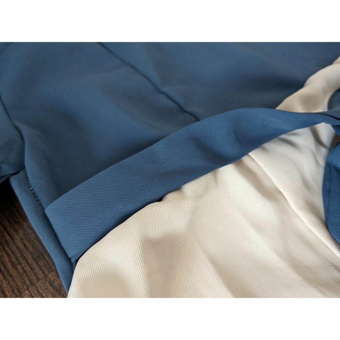 パフスリーブ ワンピース L ミモレ丈 半袖 春 夏 青 ブルー リボン ドレス レディースのワンピース(ひざ丈ワンピース)の商品写真