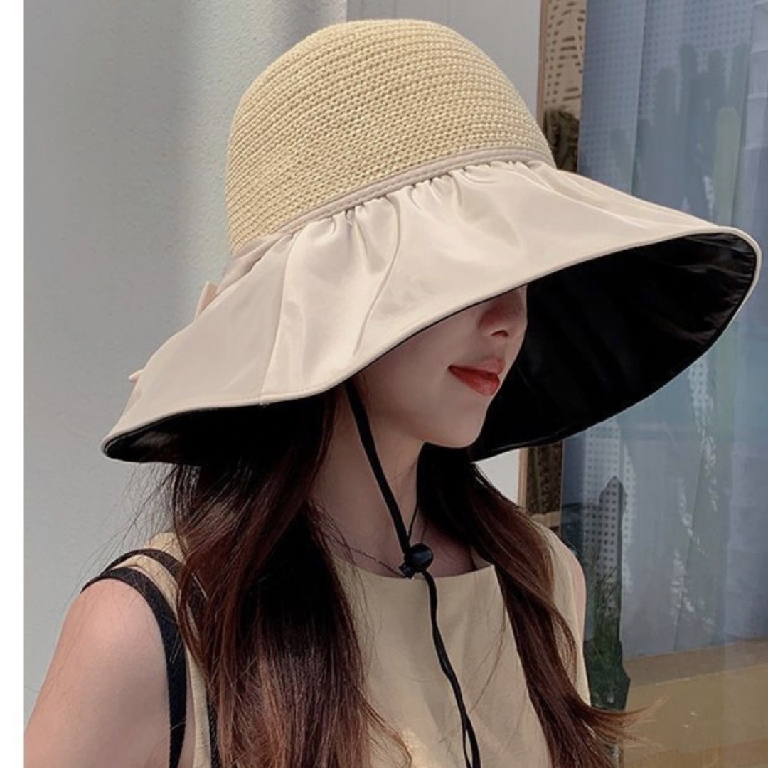 新品　つば広帽子　小顔　女優帽　UVカット　韓国　あごひも付き　リボン　ブラック レディースの帽子(麦わら帽子/ストローハット)の商品写真