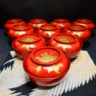 漆器　輪島塗　木製　蒔絵　溜塗　蓋付椀　汁椀　10客　時代物(漆芸)