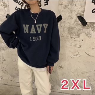 【フォロー割あり】スウェット ロゴ ネイビー 2XL 長袖 ファッション 韓国(Tシャツ(長袖/七分))