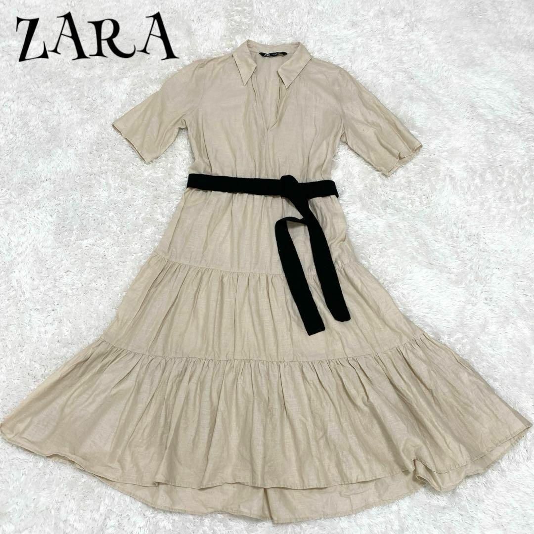 ZARA(ザラ)のZARA ザラ ☆ 半袖 リネン混 ロングワンピース Lサイズ レディースのワンピース(ロングワンピース/マキシワンピース)の商品写真