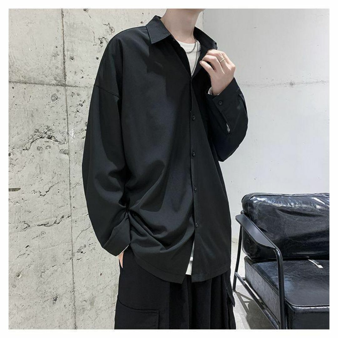 メンズ シャツ 夏服 オーバーサイズ 韓国 L サラサラ シンプル 黒 大人 ⓪ メンズのトップス(シャツ)の商品写真