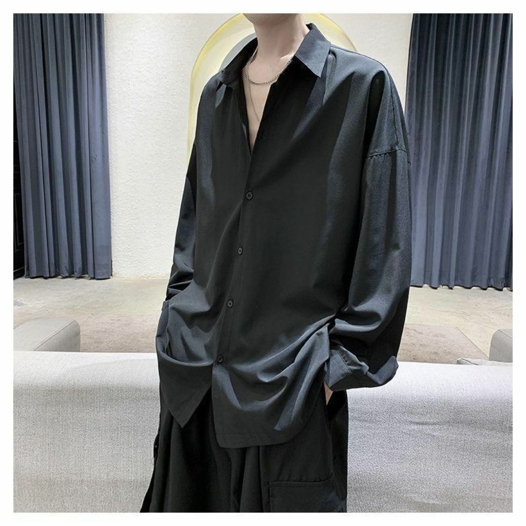 メンズ シャツ 夏服 オーバーサイズ 韓国 L サラサラ シンプル 黒 大人 ⓪ メンズのトップス(シャツ)の商品写真