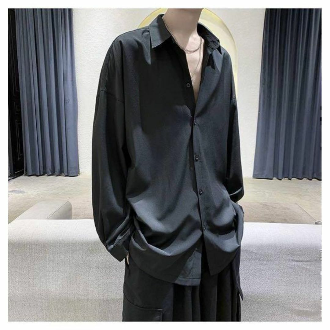 メンズ シャツ 長袖 肌触り オーバーサイズ 黒 夏服 涼しい 韓国 XL ⓪ メンズのトップス(シャツ)の商品写真