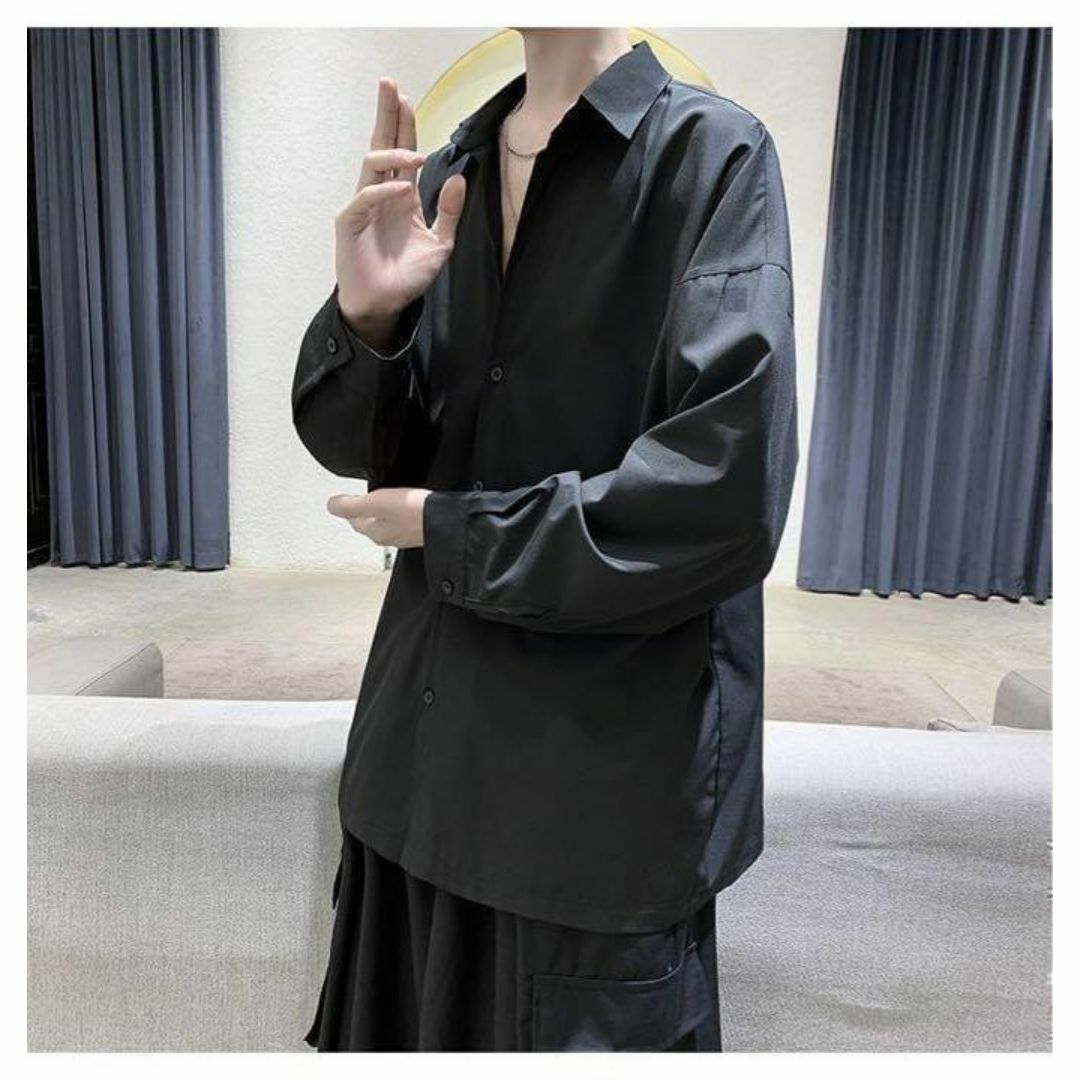 メンズ シャツ 長袖 肌触り オーバーサイズ 黒 夏服 涼しい 韓国 XL ⓪ メンズのトップス(シャツ)の商品写真