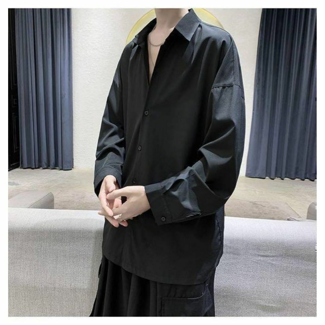 メンズ シャツ 長袖 肌触り オーバーサイズ 黒 夏服 涼しい 韓国 XL ⓪ メンズのトップス(シャツ)の商品写真